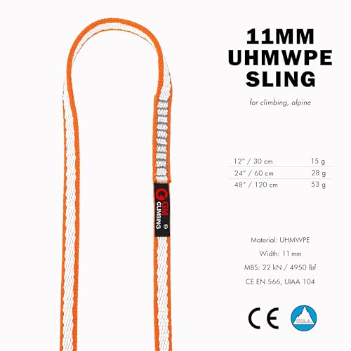 GM CLIMBING 11mm UHMWPE Sling Runner 22kN CE UIAA Certified - color: Orange, size: 24" | 3 Pack