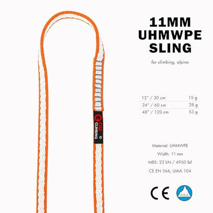 GM CLIMBING 11mm UHMWPE Sling Runner 22kN CE UIAA Certified - color: Orange, size: 24" | 3 Pack
