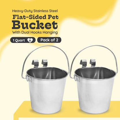 1 Quart Stainless Steel Flat Sided Bucket with Dual Hooks | 2 Pcs Durable Food & Water Bowl for Dog Cats Bird & Small Animals | Fits kennel Cage Crates Hanging Pet Pail | Multipurpose use - size: 1 Quart (Pack of 2)