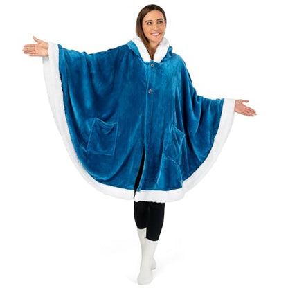 PAVILIA Hooded Blanket Poncho, Fleece Wearable Shawl Wrap Throw, Sea Blue | Fleece Shawl Wrap with Hood, Adult Wearable Blanket, Cozy Warm Poncho Cape Throw with Pockets, Gift for Elderly Mom - color: Sea Blue