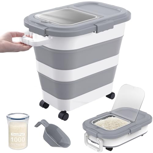 HOYTAMDA 25-35Lbs Rice Container,Collapsible Food Storage Container Wheels - color: Grey/25-35lbs