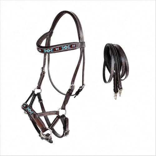 Horse Western Leather Tack Beaded Bitless Sidepull Bridle Reins 77RT17 - color: Brown/Beaded