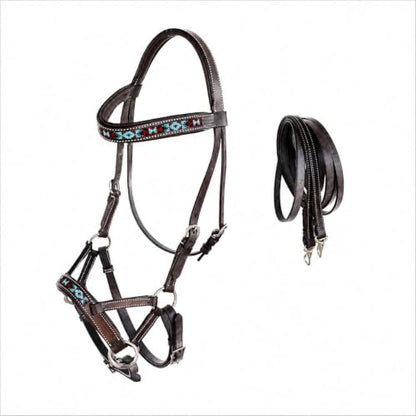 Horse Western Leather Tack Beaded Bitless Sidepull Bridle Reins 77RT17 - color: Brown/Beaded