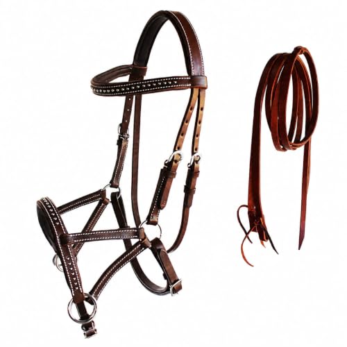 Horse Western Leather Tack Studded Bitless Sidepull Bridle Reins 77RS03 - color: Mahogany