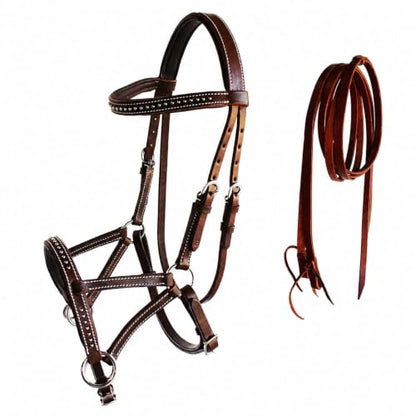 Horse Western Leather Tack Studded Bitless Sidepull Bridle Reins 77RS03 - color: Mahogany