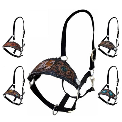Majestic Ally Equestrian Designer Bronc Halter for Horses, Hand-Tooled Leather Nose, Padded Nylon Crown and Noseband - style: Horse Design