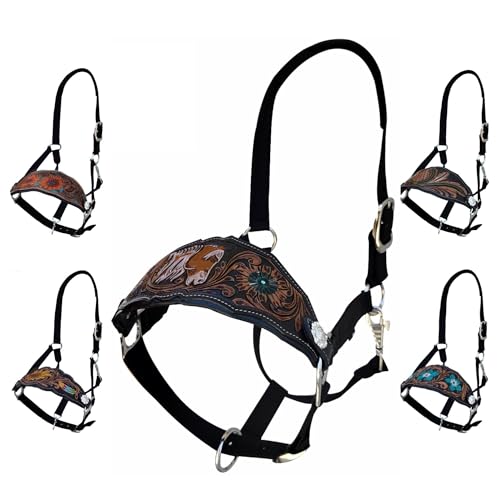 Majestic Ally Equestrian Designer Bronc Halter for Horses, Hand-Tooled Leather Nose, Padded Nylon Crown and Noseband - style: Horse Design