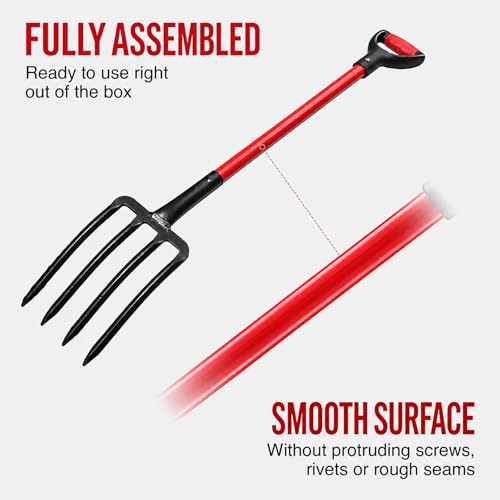 Heavy Duty Garden Fork, 4-Tine Digging Fork with Ergonomic Fiberglass Handle, Pitch Fork, 44 Inch Spading Fork for Compost, Mulch, Hay & Soil