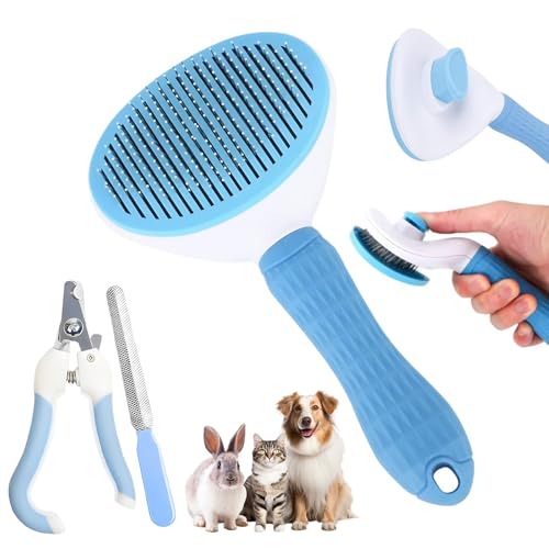 Aglads 8PCS Cat Rabbit Bunny Dog Grooming Kit,Self-Cleaning Brush,Nail Clipper,Grooming Glove,Massage Brush,Flea Comb,Towel&Travel Bag,Complete Grooming Tools for Long&Short Haired Pets(8, blue) - color: BLue