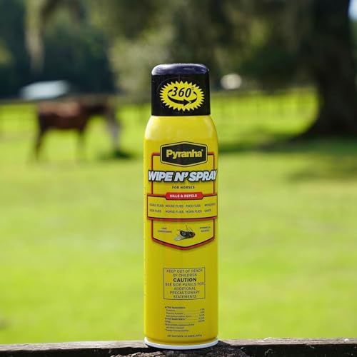 PYRANHA Wipe N' Spray for Horses - Oil-Based Long Lasting Fly Control Repels Horn, Deer, Horse, House, Stable, & Face Flies, Ticks, Mites, Mosquitoes, Gnats & Lice, 15 Oz - size: 15 Oz