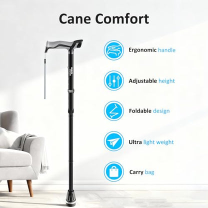 HEALTHBAZAAR Walking Cane with LED Light, Folding Canes for Men & Women with Shock Absorption - Adjustable, Lightweight Collapsible Walking Sticks with Comfort Grip Handle, Heavy Duty All Terrain Tip