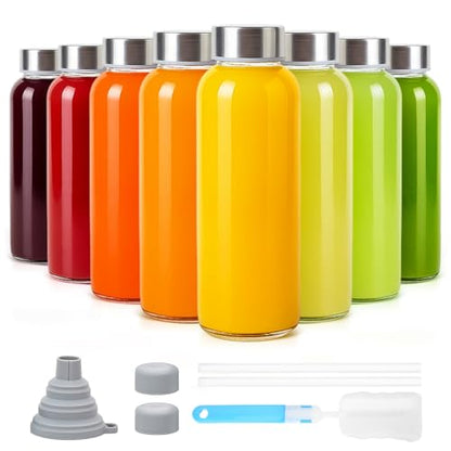 Sursip 10 oz Glass Juice Bottles, 8 Pack, Leakproof Stainless Lids - color: Silver lid- 8 pack, size: 10 OZ