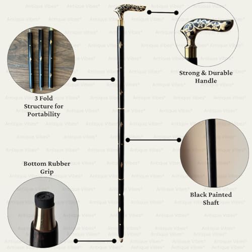 Brass Handle Victorian Telescope Foldable Wooden Walking Stick Cane Ideal Vintage Gift Men Women Father/Mother - style: Black Victorian