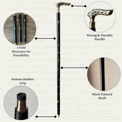 Brass Handle Victorian Telescope Foldable Wooden Walking Stick Cane Ideal Vintage Gift Men Women Father/Mother - style: Black Victorian