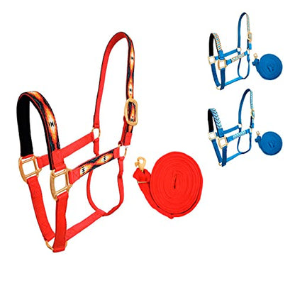 Patterned Nylon Horse Halters with Padded Noseband and Matching 10’ Soft Grip Lead Rope - 6 Month Warranty - color: Red Aztec on Red Nylon