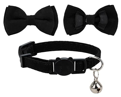 Collar for Cat Pet Breakaway with Bell Bowtie Detachable Bow Adjustable Safety Kitten Puppy Girl Boy 2pcs Plaid & Solid-Black - color: Plaid & Solid-Black