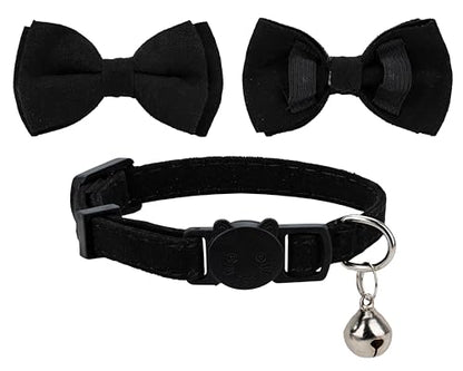 Collar for Cat Pet Breakaway with Bell Bowtie Detachable Bow Adjustable Safety Kitten Puppy Girl Boy 2pcs Plaid & Solid-Black - color: Plaid & Solid-Black