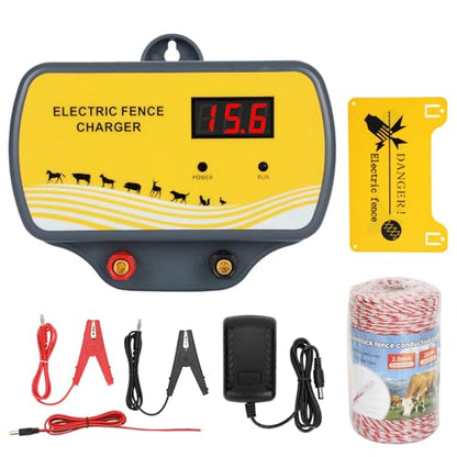 Electric Fence Charger 12V Input to 12KV Output, 2 Joule, 120 Acre Plug-in Electric Fence Energizer for Wildlife Control & Animal Intrusion Prevention Includes Warning Signs and Conductive Wire - style: electric fence energizer