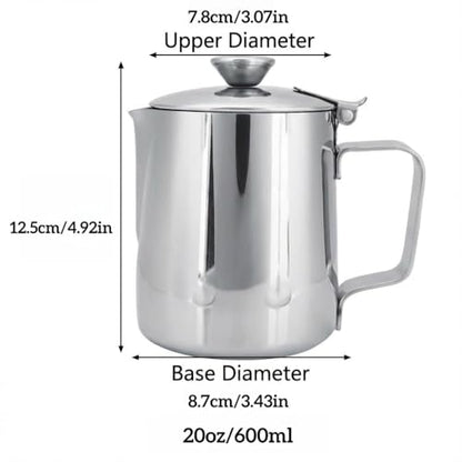 Milk Frothing Pitcher, 600ml (20oz), Stainless Steel Creamer with Lid | Fits for Milk, Coffee, Cappuccino and Latte Art - size: 20 Ounces
