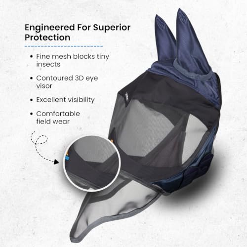 Shires Flyguard Pro Deluxe Horse Fly Mask with Ears & Nose - UV Protection & Fine Mesh Navy Extra/Full - color: Navy Extra, size: Full