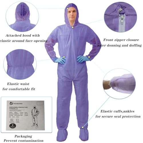 Hazmat Suits,10 Colors Options Disposable Protective Coveralls, Paint Suit with Elastic Wrists Ankles and Hood - color: 2 Pack Purle, size: X-Large