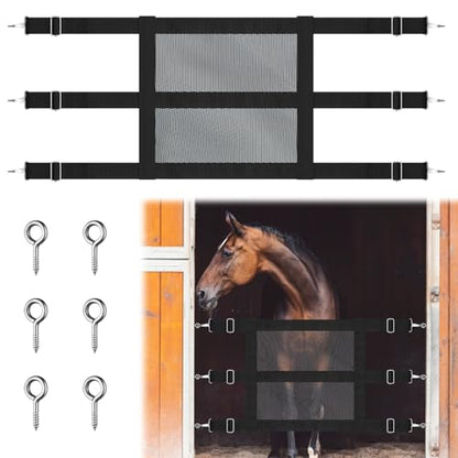 Horse Stall Guard, 57 x 18 Inch Adjustable Nylon Black Mesh Gate for Horses