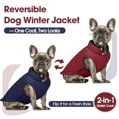 QBLEEV Reversible Dog Jacket, Windproof Dog Coat, Lightweight Puffer Vest - color: Date-Red, size: X-Small