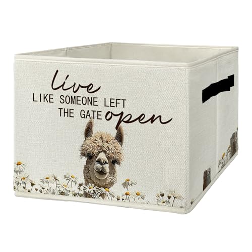 Rustic Alpaca Storage Bins & Boxes with Handles, Farmhouse Alpaca Foldable Basket for Organizing, Live Like Someone Left the Gate Open Collapsible Storage Basket for Bedroom Bathroom Clothes - color: Alpaca