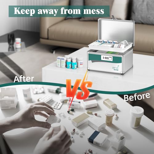Glosen Medicine Lock Box with Code, 2-Layer Aluminum Alloy Medicine Organizer Box with Removable Tray, Portable Medication Lock Box with Shoulder Strap for Home Safety, Travel & Office (10x6.7x6.7In) - size: Small-10in