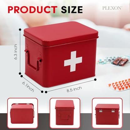 Plexon 8.5" Metal First Aid Box Empty, Medicine Storage Bin with Lid, Emergency Supplies Organizer, Portable First Aid Kit Case, Red - color: Red