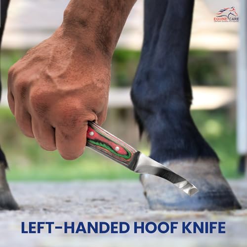 Equine Care Farrier Hoof Knife (Left-Handed) | Razor Sharp J2 Stainless Steel Blade, Ergonomic Handle | Professional Grade Precision Tool for Horse, Cow, Goat & Livestock Hoof Trimming & Shoeing. | Farrier hoof knife for horses, goats, sheep and cattle; J