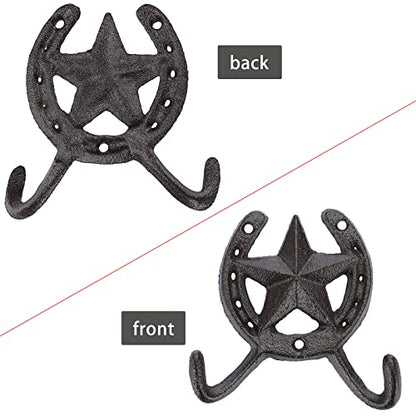 JUXYES Heavy Duty Cast Iron Western Horseshoe Star Hat Hook with 2 Hanger - size: 2 Pack