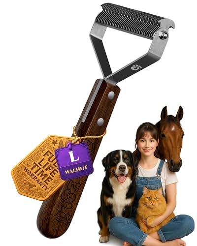 Dog Brush for Shedding 20 Blade Dematting Tool Pet Brush Dual Side, Undercoat Rake for Large Medium Small Dogs and Cats, Shedding Dog Comb for Grooming, Premium Wood Handle - size: L Pro - Walnut
