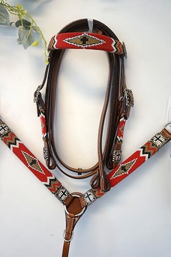 Pony Leather Headstall and Breast Collar Set Color Beaded with Gold & Black Beaded Overlay and Cross