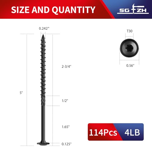 #14 x 5 Inch Lag Screws (114Pcs) 4lb. Structural Wood Screw, Black, Carbon Steel, Washer Head, Rust Resistant epoxy Coated, T30 Star Bit - color: Black, size: #14 x 5"