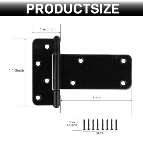 4 Pack 6” Heavy Duty Gate Hinges,280 Lbs Capacity Black Door Hinges | T Gate Hinges, Wrought Hardware for Wooden Fences, Barn Door, Screws Included (6 inches - 4 Pack) -Patent Pending - size: 6 inches - 4 Pack