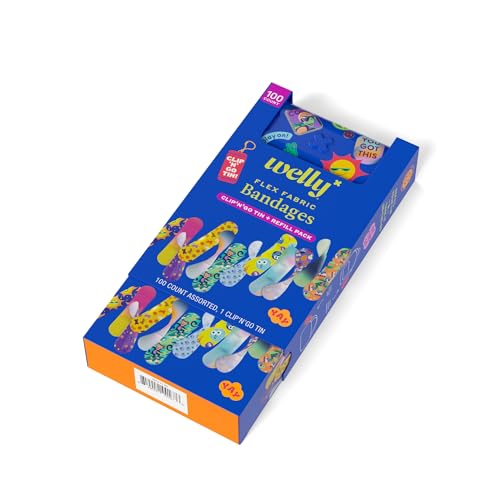 Welly Bandage Clip N' Go Tin & Refill Pack | Adhesive Flexible Fabric Bandages and Tin | Assorted Shapes and Patterns for Minor Cuts, Scrapes, and Wounds - 100 Count - size: 100 Count (Pack of 1)