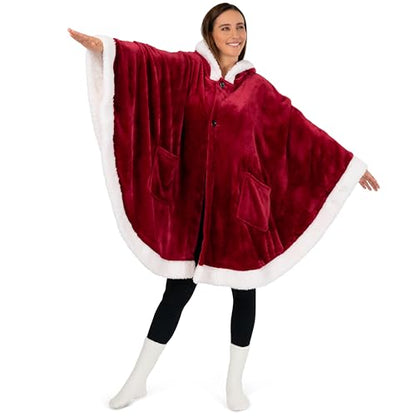 PAVILIA Hooded Blanket Poncho for Women, Fleece Wearable Shawl Wrap, Red | Fleece Shawl Wrap with Hood, Adult Wearable Blanket, Cozy Warm Poncho Cape Throw with Pockets, Gift for Elderly Mom - color: Wine