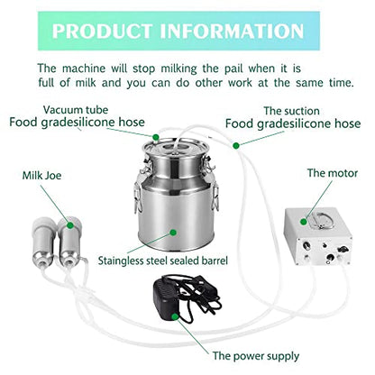 14L Cow Electric Milking Machine, Automatic Rechargeable Battery Powered Pulsation Vacuum Pump with 2 Teat Cups Stainless Steel Bucket for Cows(Battery Model) - color: Cow, size: 14LBattery