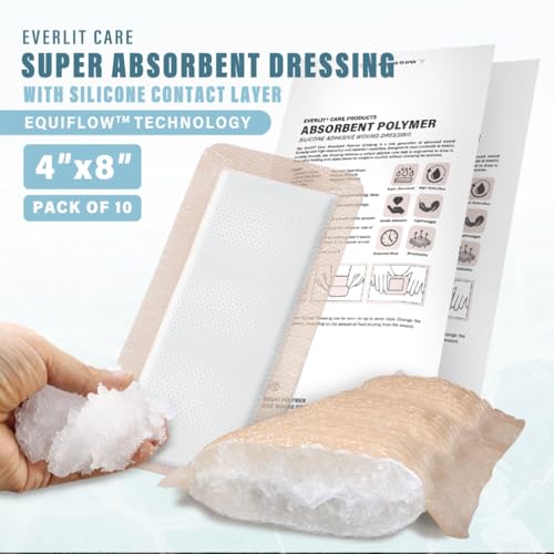 EVERLIT Silicone Super Absorbent Dressing with Border | Sterile Self-Adhesive SAP Bandage Pad for High Absorbency & Reduced Risk of Maceration | Advanced Wound Care for Heavily Exudating Wound 4x8 - size: 4" x 8"