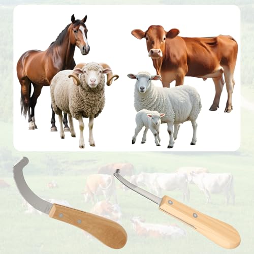 Double Edged Hoof Knife and Bot Egg Knife Set, Stainless Steel Blade with Ergonomic Wooden Handles Professional Equine Care Tools for Horses, Cattle, Goats, and Farm Livestock