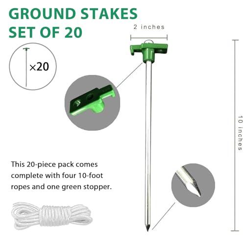 Eurmax USA 20-Pack Secure Protection Galvanized Tent Stakes,Rust-Proof Steel Canopy Anchors for High Winds,Heavy Duty Commercial Ground Pegs for Camping,Pop Up Tents&Gazebos - Includes 4x10ft Ropes - color: Green, style: Stakes 20-pack