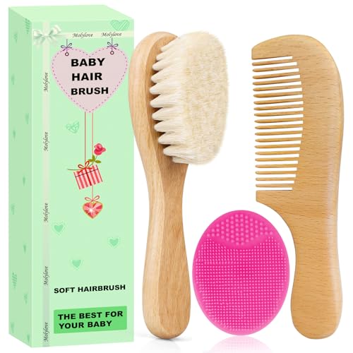 Baby Hair Brush with Wooden Handle and Comb Set for Newborns & Toddlers | Natural Soft Goat Bristles l Wood Comb l Rose Red Cradle Cap Brush | Ideal for Cradle Cap (3 Piece) - color: 3pcs(rose Red Cradle Cap Brush+hair Brush+wood Comb)