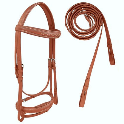 Majestic Ally Fancy Stitched Padded Bridle – Crown, Browband & Noseband – Removable Flash & Laced Reins Full - color: Chestnut