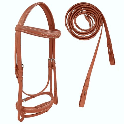 Majestic Ally Fancy Stitched Padded Bridle – Crown, Browband & Noseband – Removable Flash & Laced Reins Full - color: Chestnut