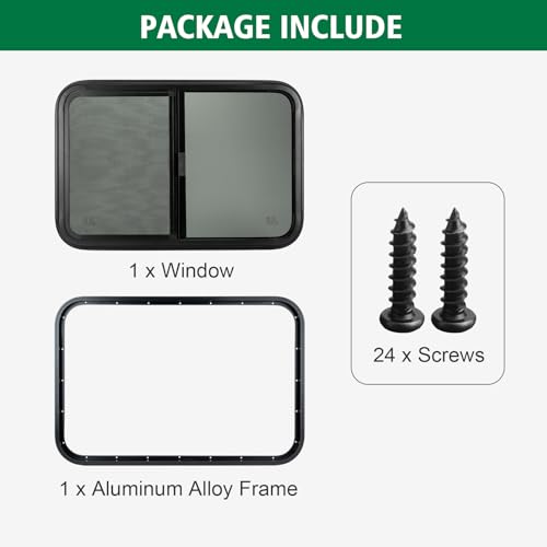 Dulepax Horizontal RV Window, 24" W x 20" H Tinted Slide Trailer Window, Tempered Glass Camper Window Replacement with Net Screen and Trim Ring, DOT Approved - size: Horizontal 24"x20"