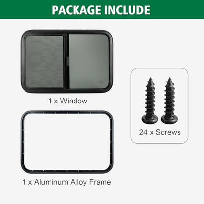 Dulepax Horizontal RV Window, 24" W x 20" H Tinted Slide Trailer Window, Tempered Glass Camper Window Replacement with Net Screen and Trim Ring, DOT Approved - size: Horizontal 24"x20"