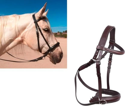 Hulara Genuine English Leather Crossover | Crossunder Bitless Horse Bridle Headstall with Reins - color: Brown, size: Full