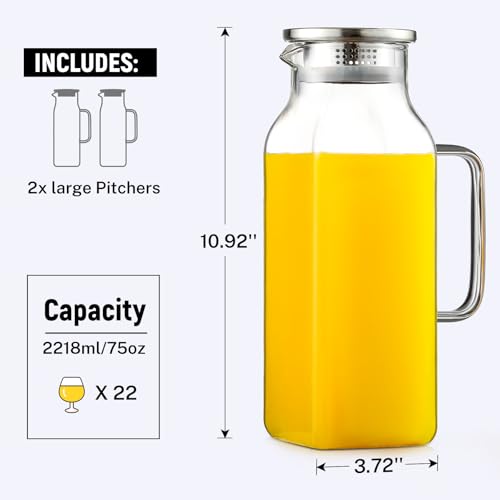 Netany 2 Pack 2.22 Liters/75 oz Square Glass Pitcher with Lid and Handle for Fridge, Iced Tea and Coffee Carafe Beverage Serveware, Heat Resistant Borosilicate Water Jug for Hot/Cold Drinks and Milk - size: 75 oz Clear