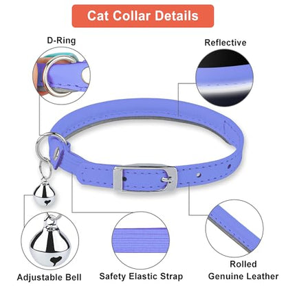 OOPSDOGGY Rolled Leather Cat Collar with Bell, Reflective Kitten Collars with Buckle Include Safety Elastic Strap - Adjustable Small Pet Collars for Boy Girl Cats (Lilac) - color: Lilac